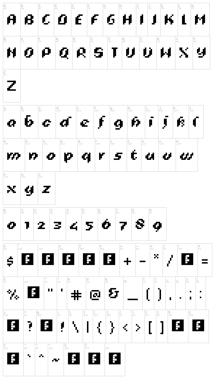 Pixelig Cursief font map